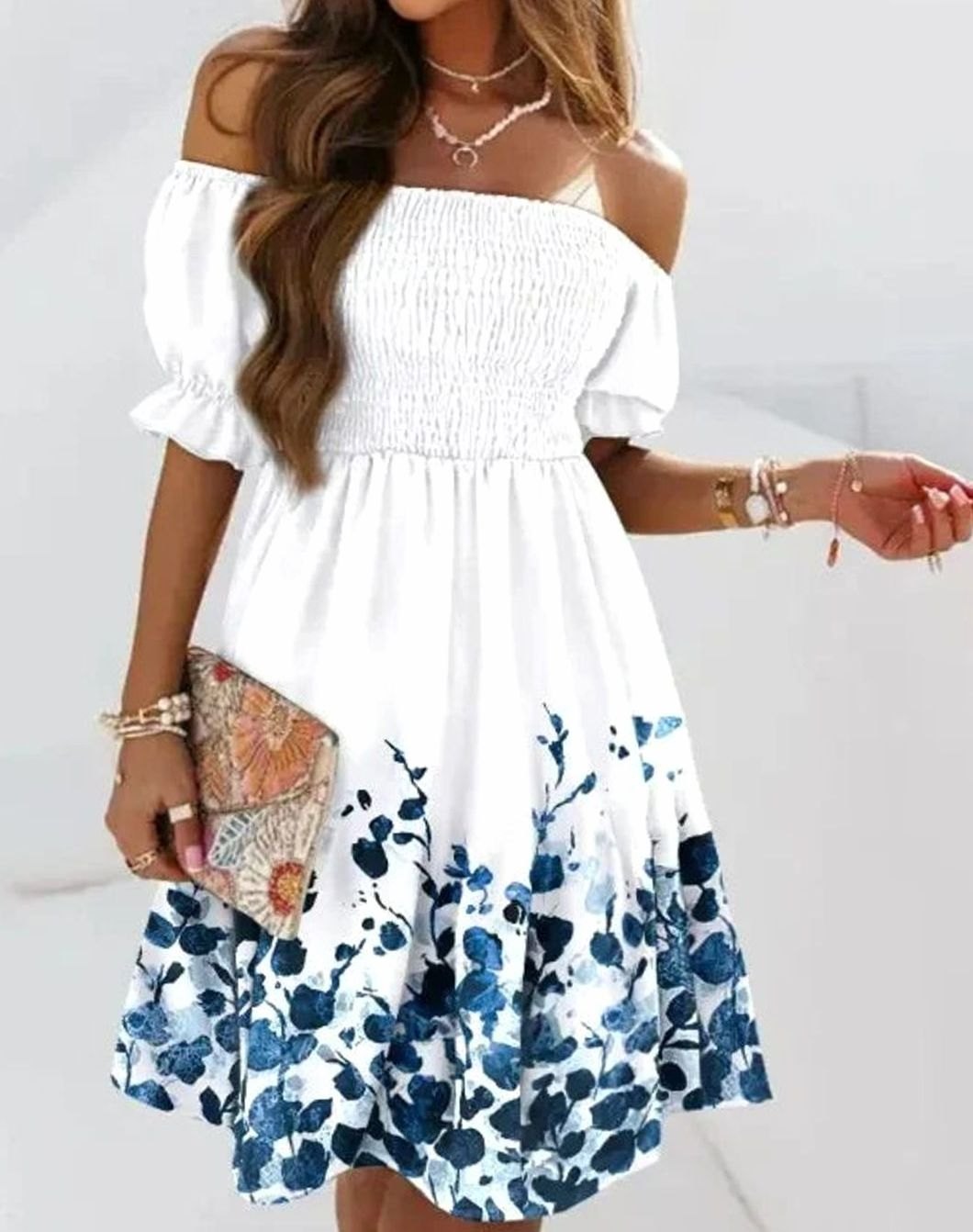 Dames Off-Shoulder Bloemenprint Mini Zomerjurk - Stijl 3