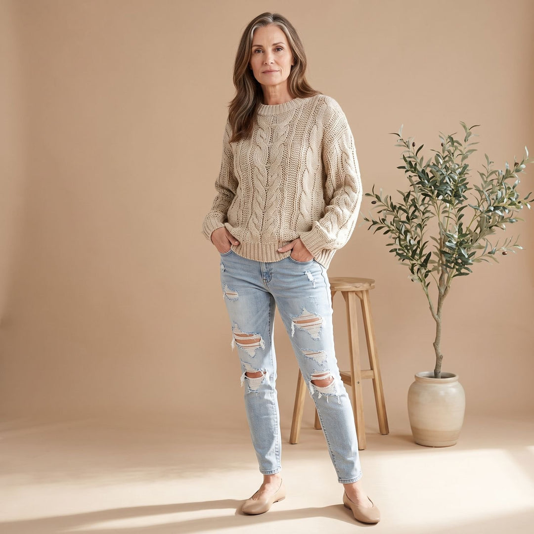 Dames Off Shoulder Cable Knit Trui met Lange Mouwen - Khaki