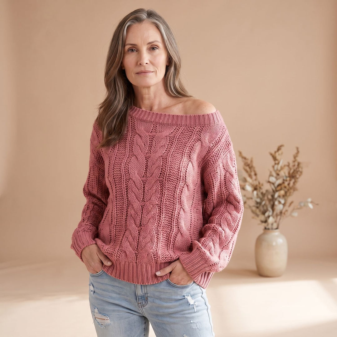 Dames Off Shoulder Cable Knit Trui met Lange Mouwen - Lichtroze