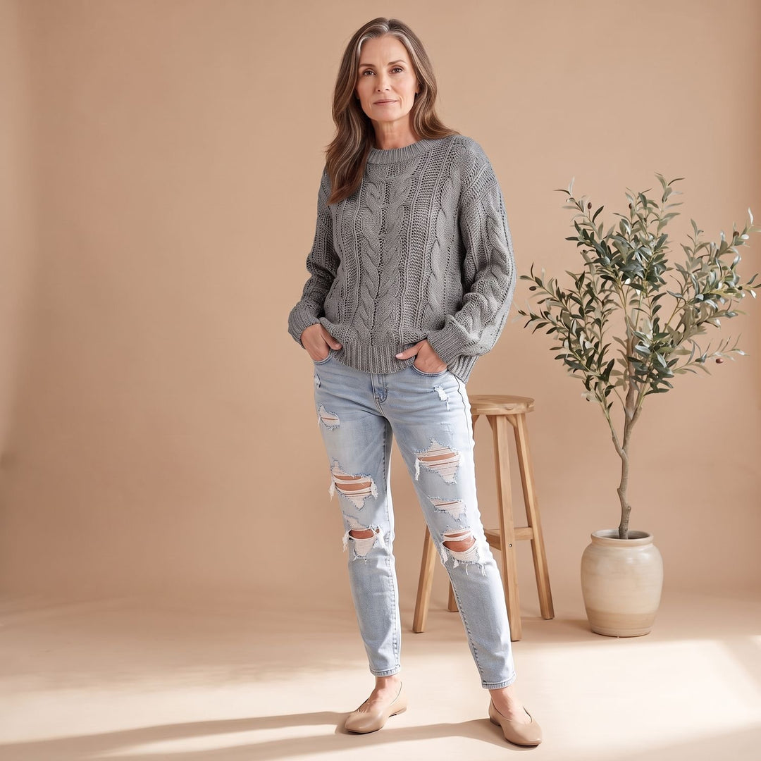 Dames Off Shoulder Cable Knit Trui met Lange Mouwen - Grijs