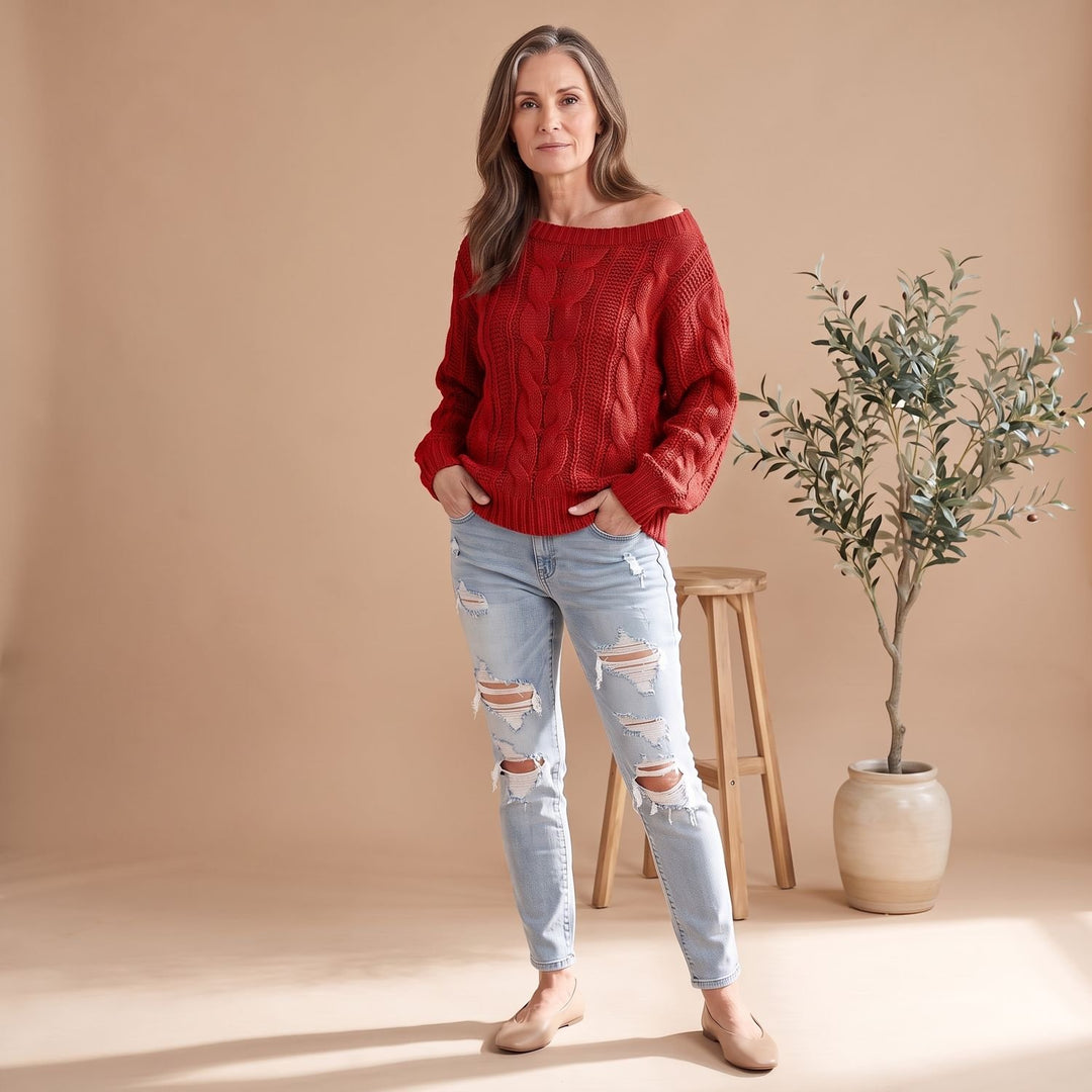 Dames Off Shoulder Cable Knit Trui met Lange Mouwen - Rood
