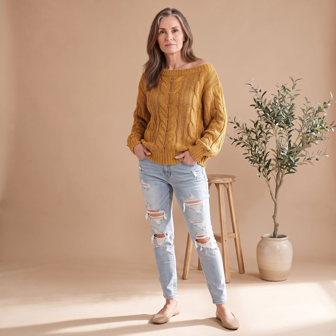Dames Off Shoulder Cable Knit Trui met Lange Mouwen - Geel
