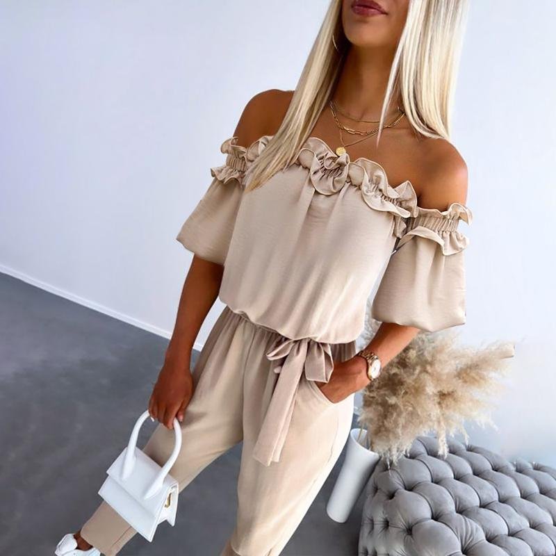 Dames Off-Shoulder Frill Strikceintuur Jumpsuit - Apricot