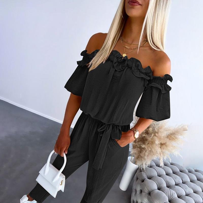 Dames Off-Shoulder Frill Strikceintuur Jumpsuit - Black