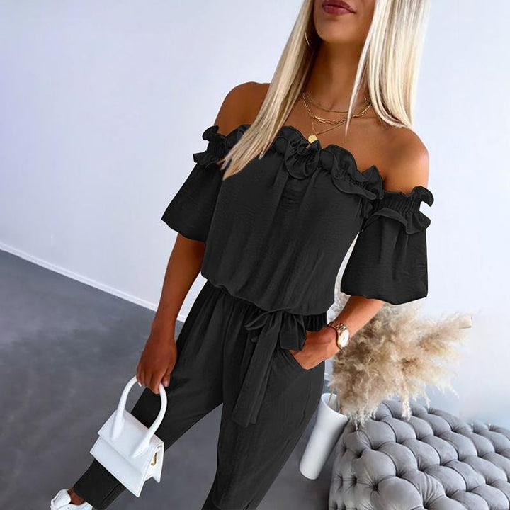 Dames Off-Shoulder Frill Strikceintuur Jumpsuit - Black