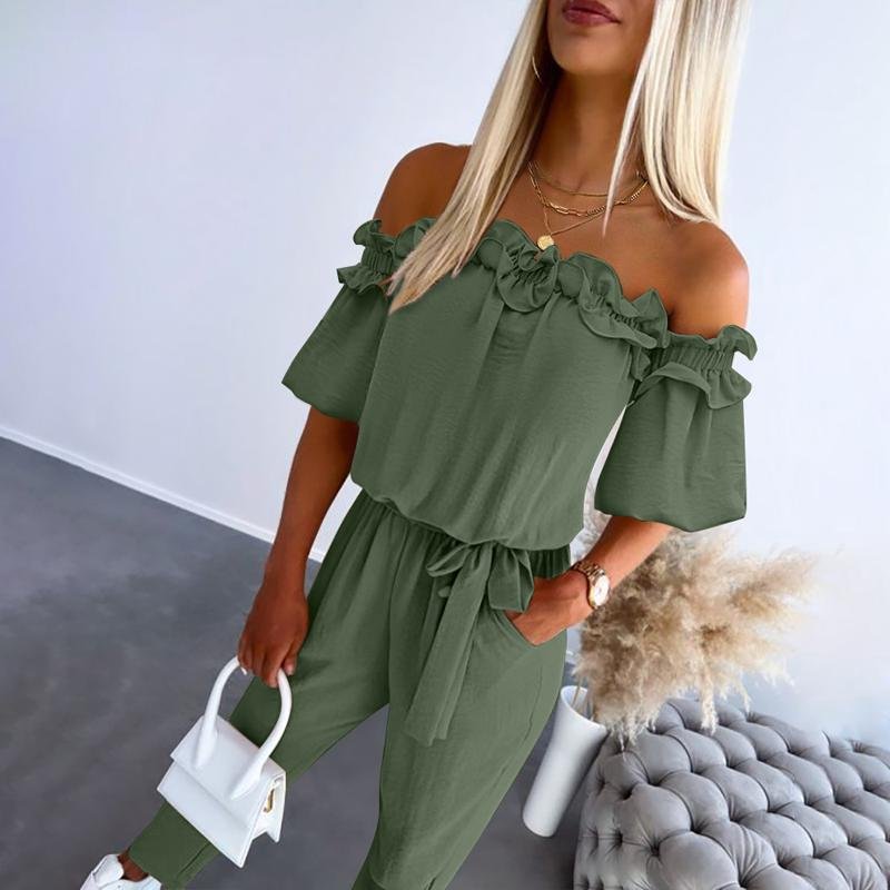 Dames Off-Shoulder Frill Strikceintuur Jumpsuit - Army Green