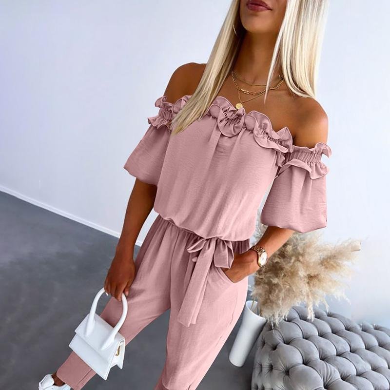 Dames Off-Shoulder Frill Strikceintuur Jumpsuit - Pink