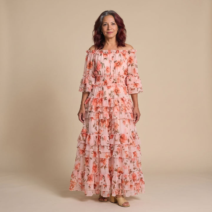 Dames Off Shoulder Gelaagde Maxi Jurk met Bloemenprint en Ruches - Roze