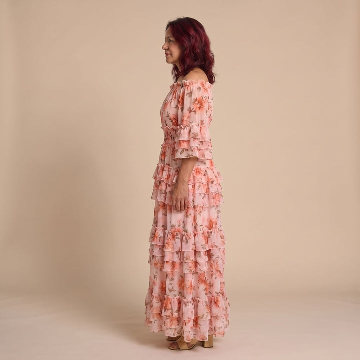 Dames Off Shoulder Gelaagde Maxi Jurk met Bloemenprint en Ruches