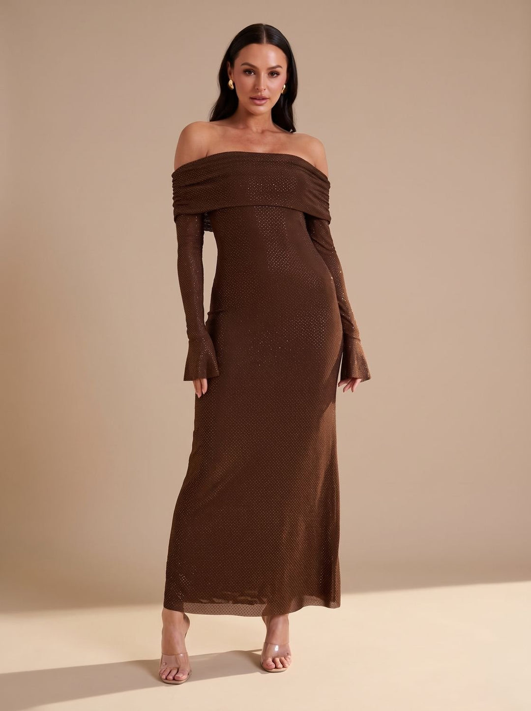 Dames Off-Shoulder Glitter Maxi Feestjurk met Uitlopende Mouwen - Bruin