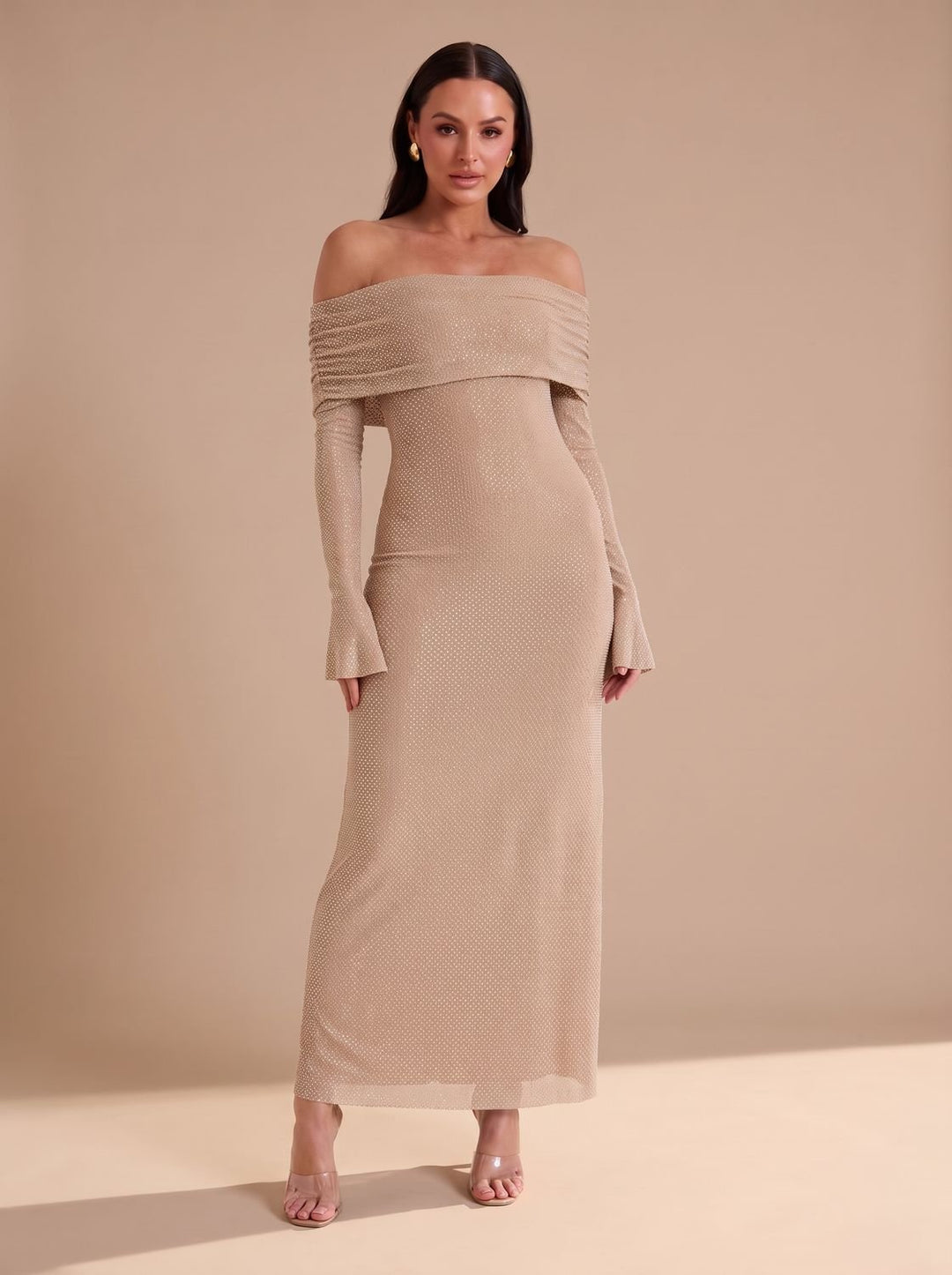 Dames Off-Shoulder Glitter Maxi Feestjurk met Uitlopende Mouwen - Beige
