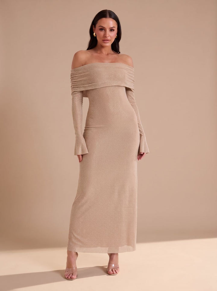 Dames Off-Shoulder Glitter Maxi Feestjurk met Uitlopende Mouwen - Beige