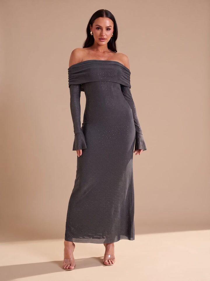 Dames Off-Shoulder Glitter Maxi Feestjurk met Uitlopende Mouwen - Grijs