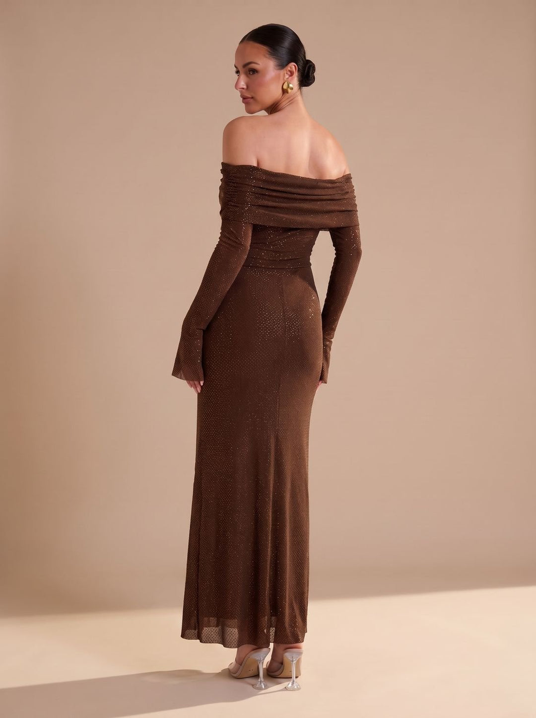 Dames Off-Shoulder Glitter Maxi Feestjurk met Uitlopende Mouwen