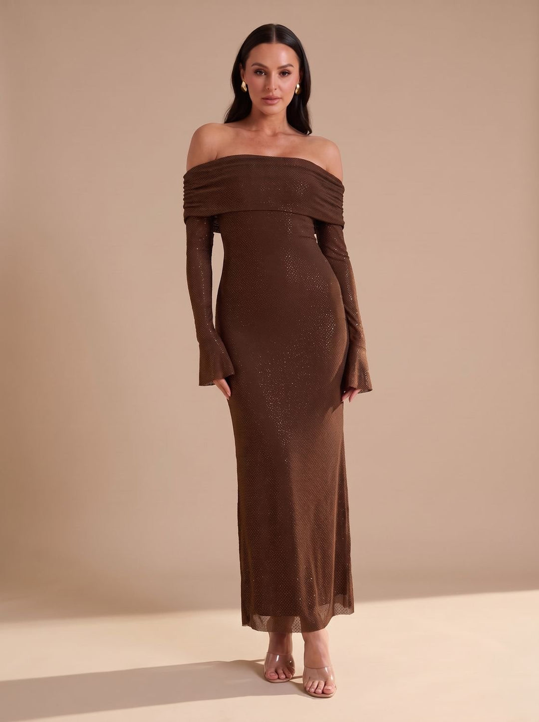Dames Off-Shoulder Glitter Maxi Feestjurk met Uitlopende Mouwen