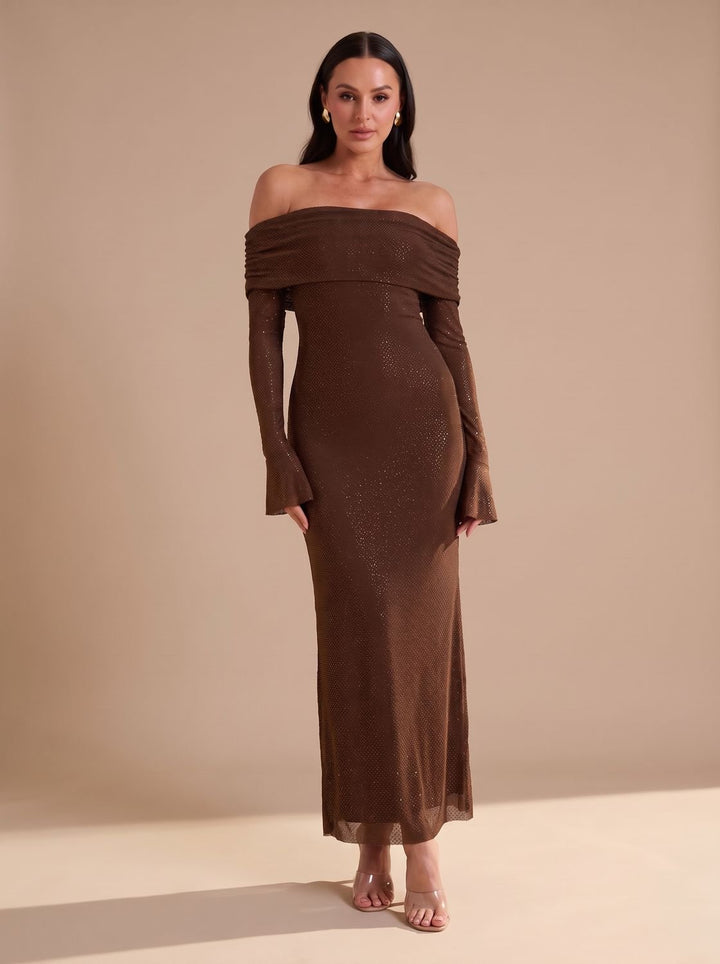 Dames Off-Shoulder Glitter Maxi Feestjurk met Uitlopende Mouwen