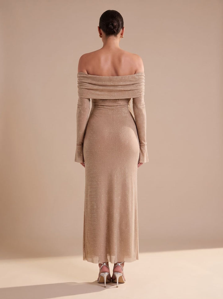 Dames Off-Shoulder Glitter Maxi Feestjurk met Uitlopende Mouwen