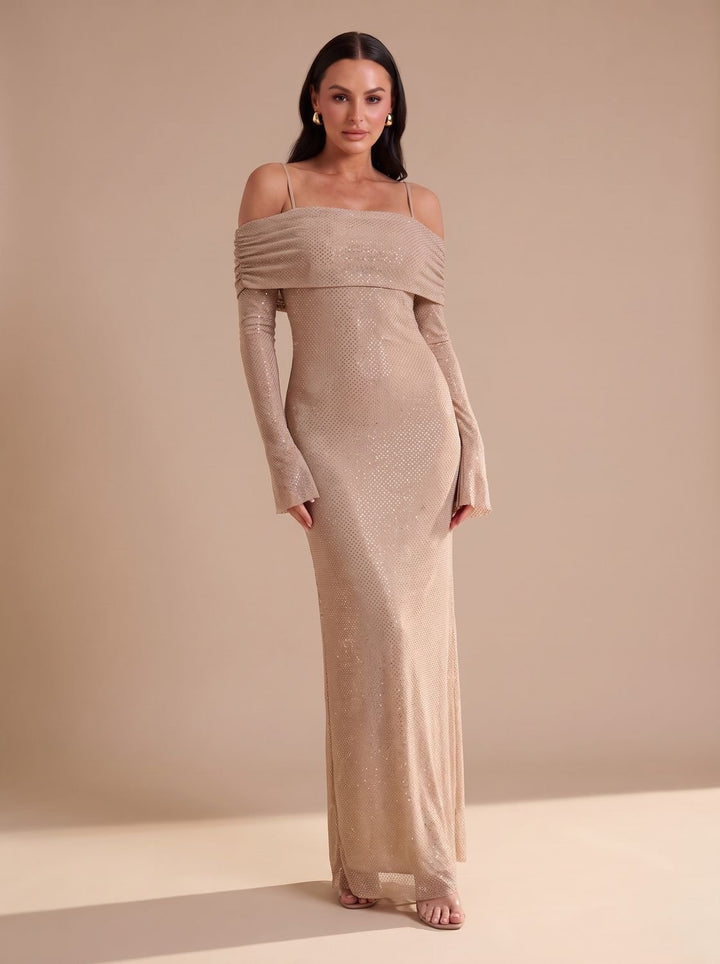 Dames Off-Shoulder Glitter Maxi Feestjurk met Uitlopende Mouwen
