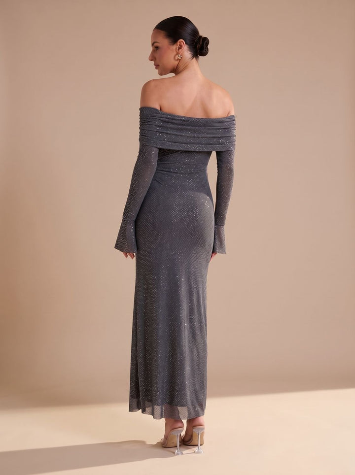 Dames Off-Shoulder Glitter Maxi Feestjurk met Uitlopende Mouwen