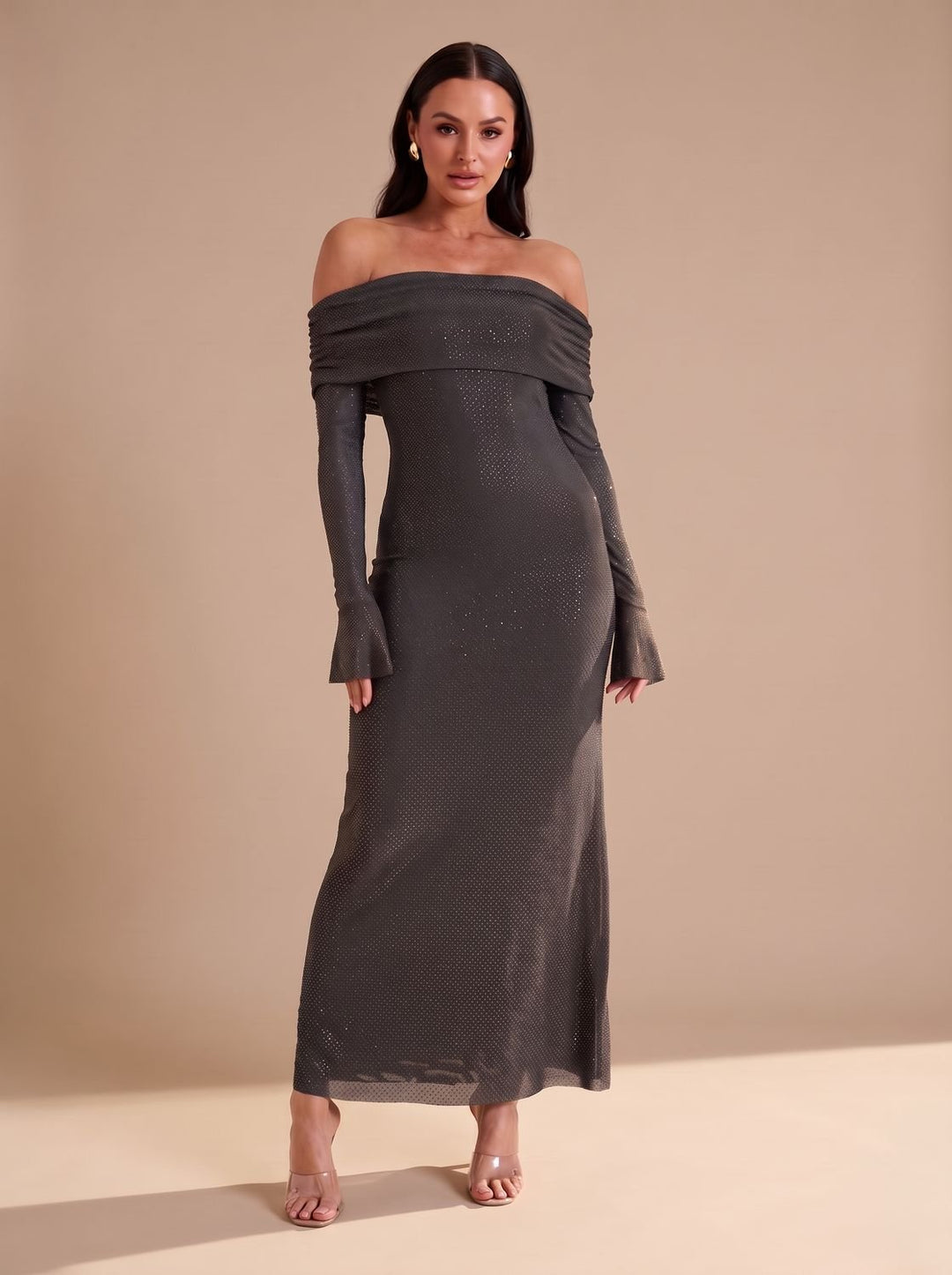 Dames Off-Shoulder Glitter Maxi Feestjurk met Uitlopende Mouwen
