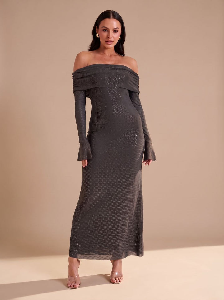 Dames Off-Shoulder Glitter Maxi Feestjurk met Uitlopende Mouwen