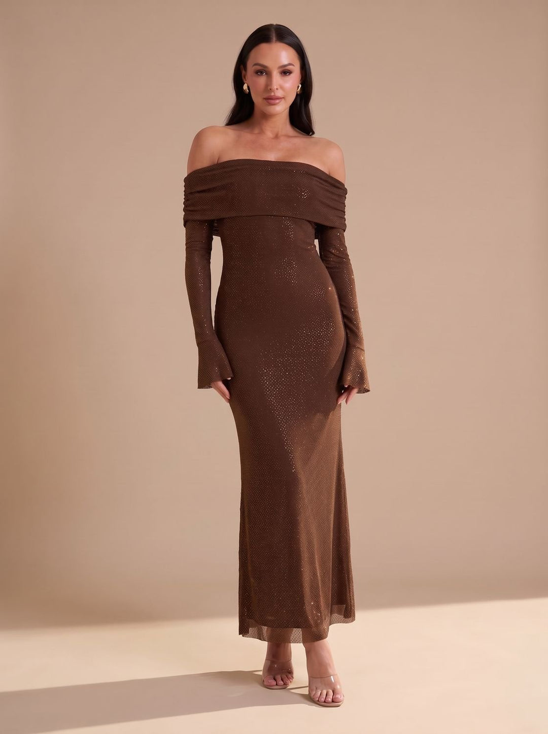Dames Off-Shoulder Glitter Maxi Feestjurk met Uitlopende Mouwen