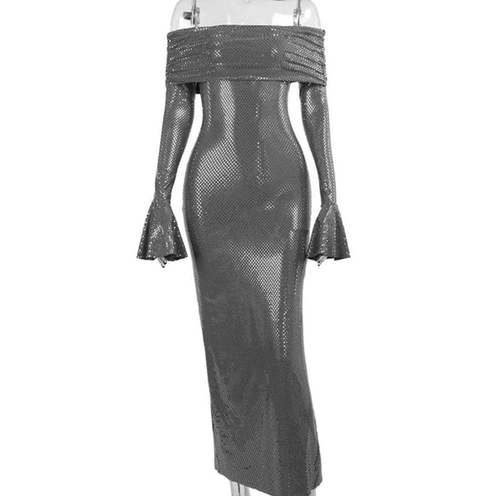 Dames Off-Shoulder Glitter Maxi Feestjurk met Uitlopende Mouwen