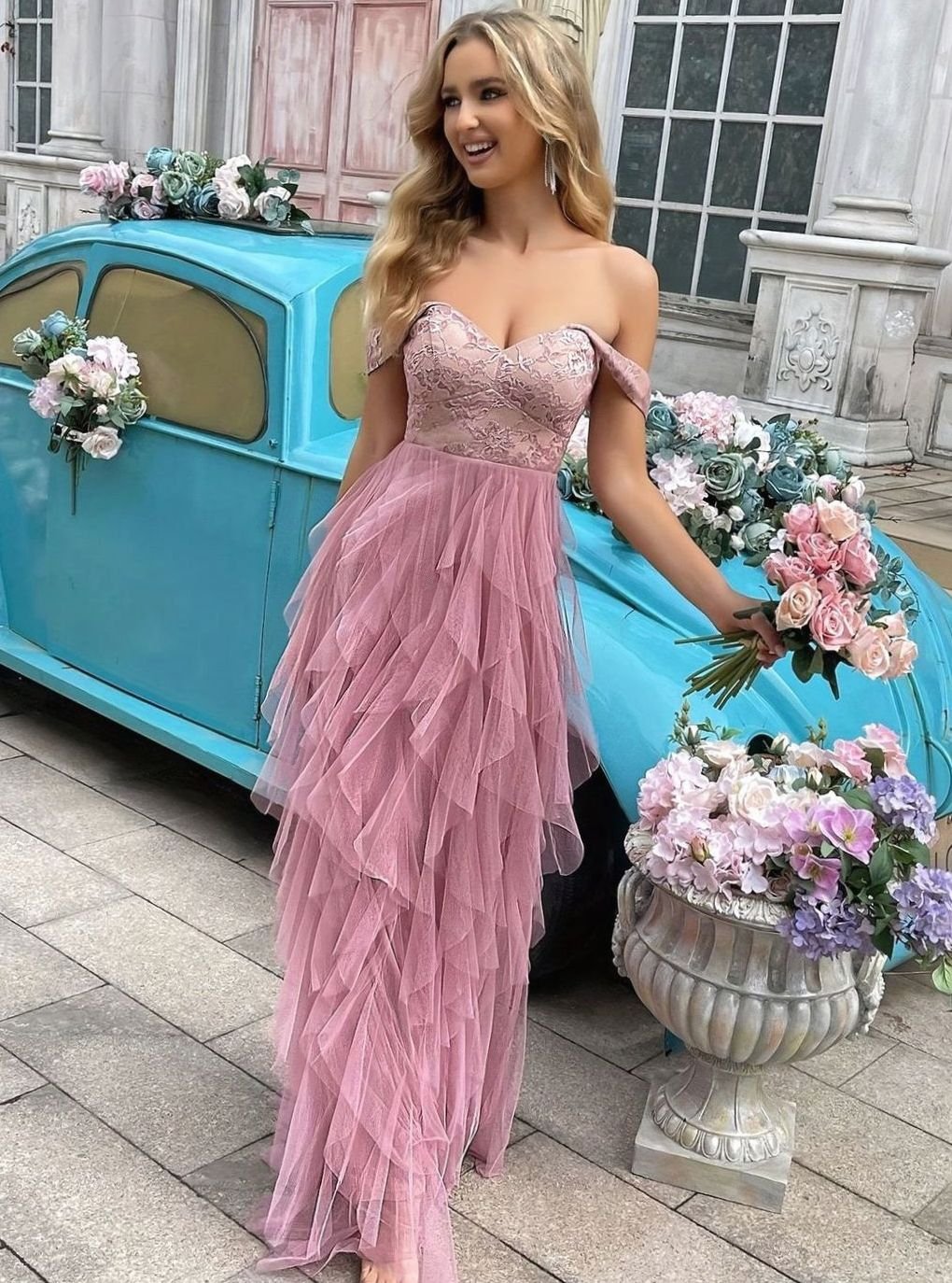 Dames Off-Shoulder Kanten Tulle Avondjurk Hoge Split