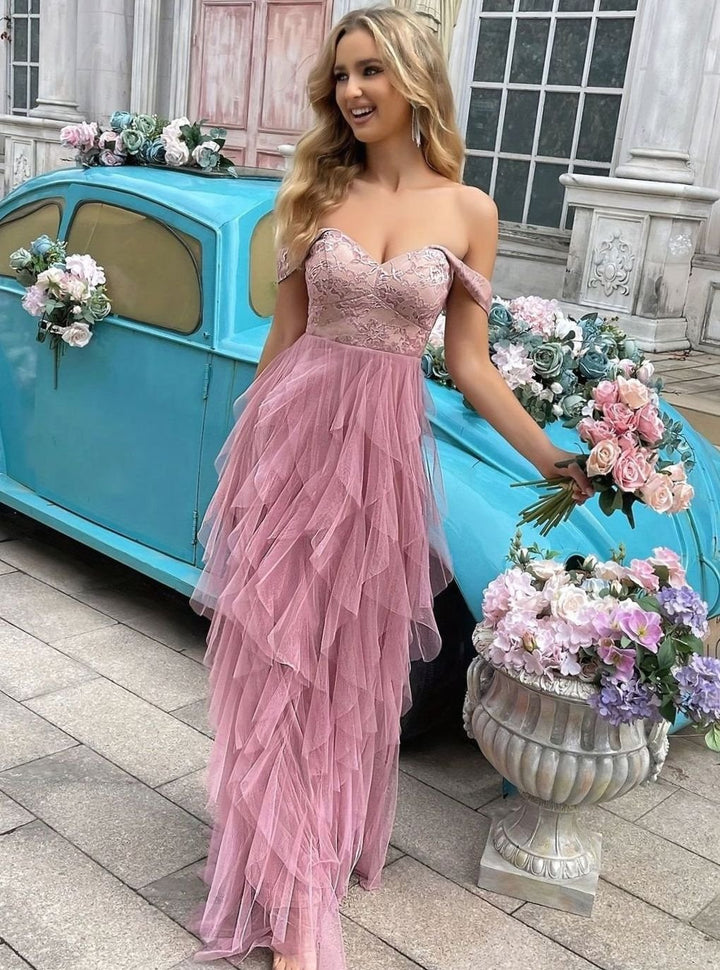 Dames Off-Shoulder Kanten Tulle Avondjurk Hoge Split