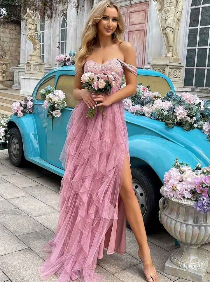 Dames Off-Shoulder Kanten Tulle Avondjurk Hoge Split