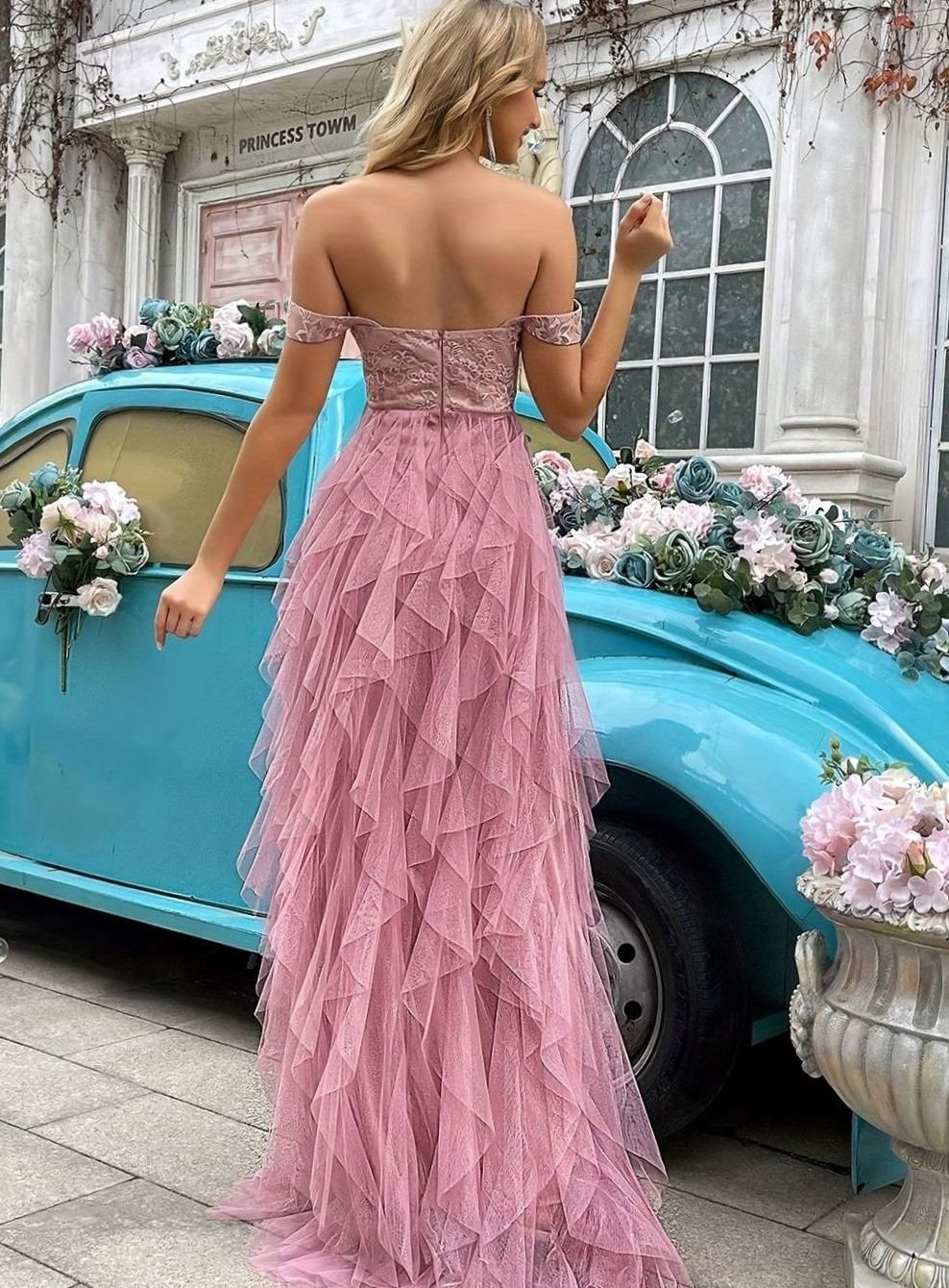 Dames Off-Shoulder Kanten Tulle Avondjurk Hoge Split