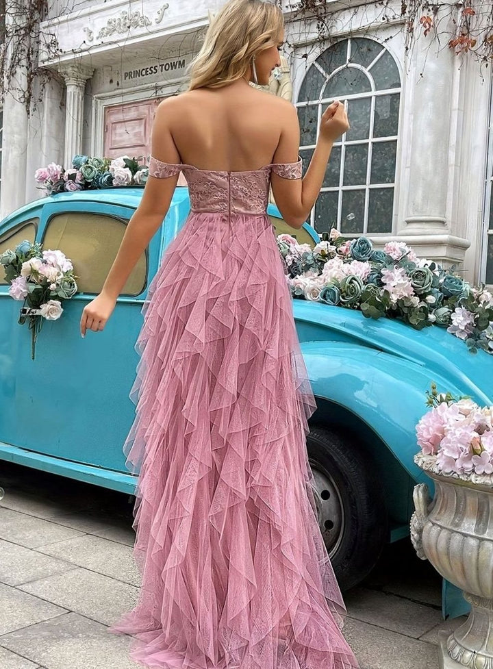 Dames Off-Shoulder Kanten Tulle Avondjurk Hoge Split