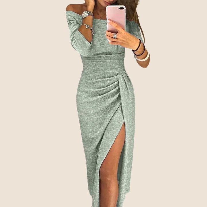 Dames Off-Shoulder Lange Mouw Geplooide Midi-jurk Zijsplit - Silver Green