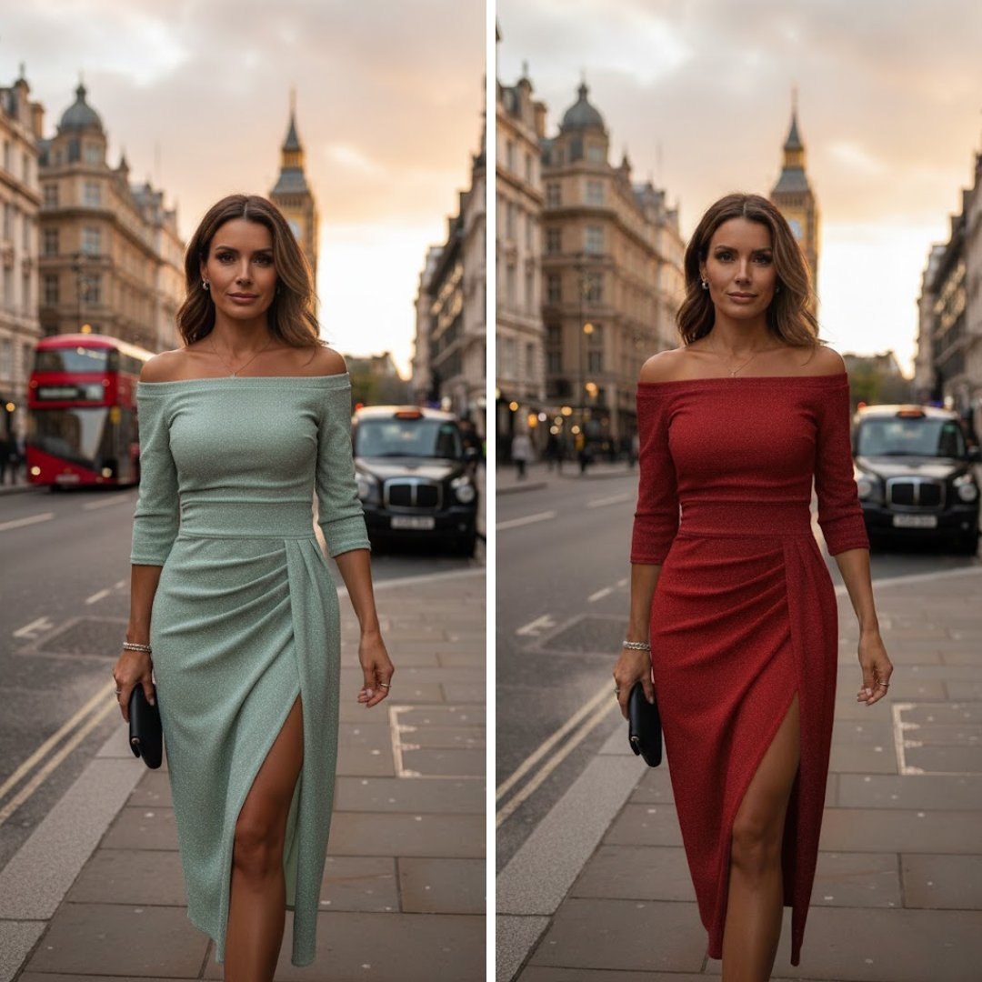 Dames Off-Shoulder Lange Mouw Geplooide Midi-jurk Zijsplit