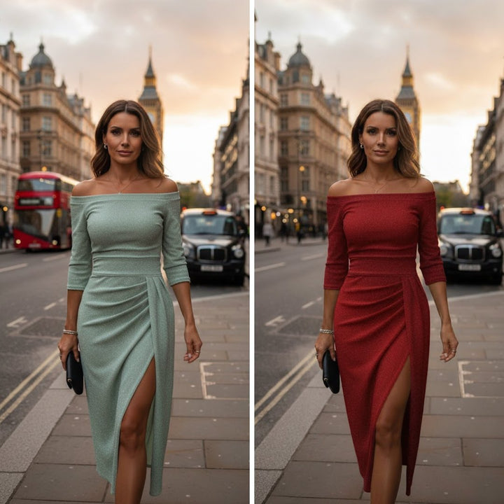 Dames Off-Shoulder Lange Mouw Geplooide Midi-jurk Zijsplit