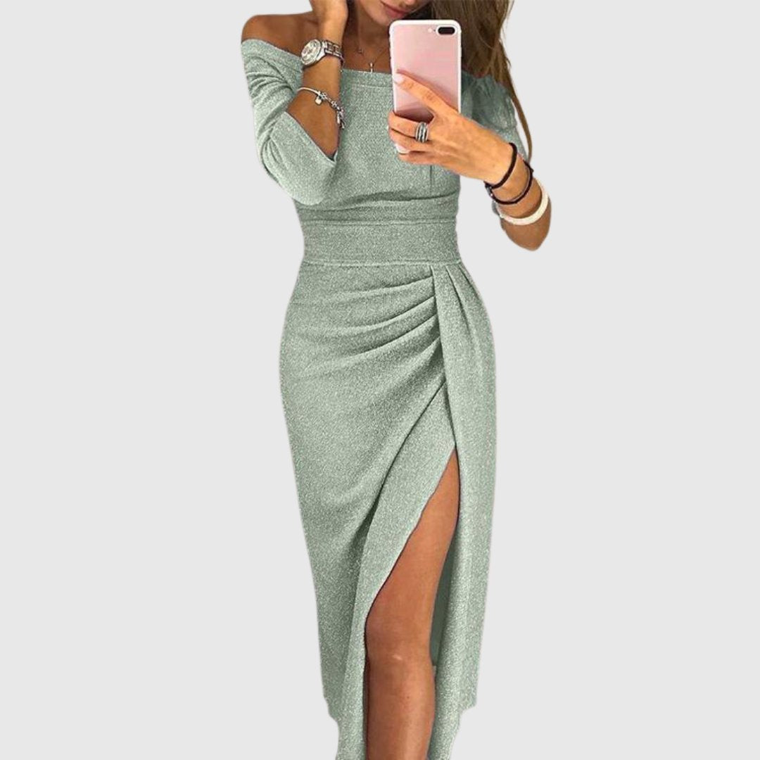 Dames Off-Shoulder Lange Mouw Geplooide Midi-jurk Zijsplit