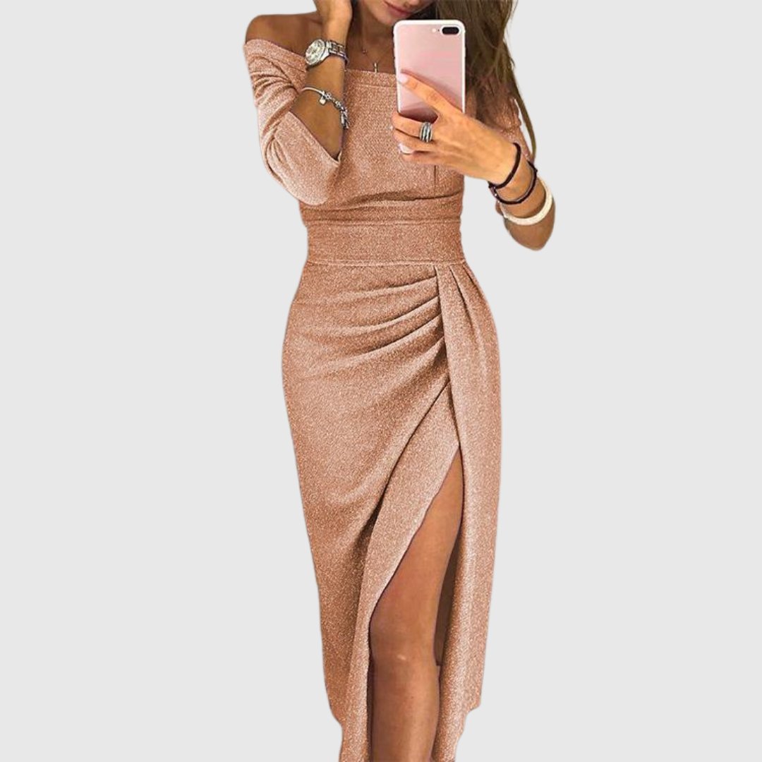 Dames Off-Shoulder Lange Mouw Geplooide Midi-jurk Zijsplit - Champagne