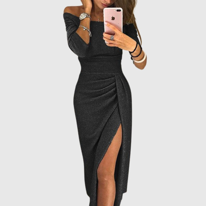 Dames Off-Shoulder Lange Mouw Geplooide Midi-jurk Zijsplit - Black