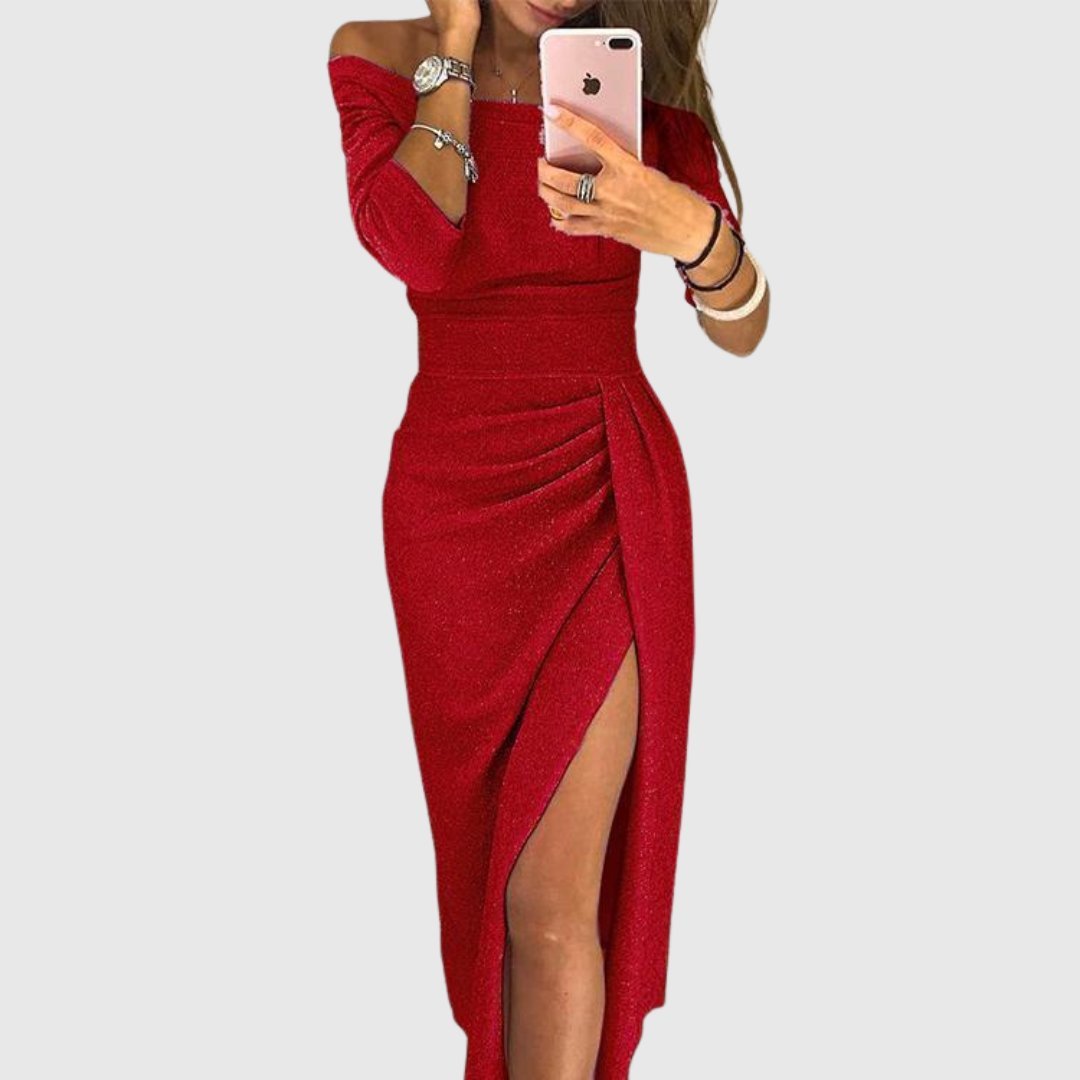 Dames Off-Shoulder Lange Mouw Geplooide Midi-jurk Zijsplit - Red