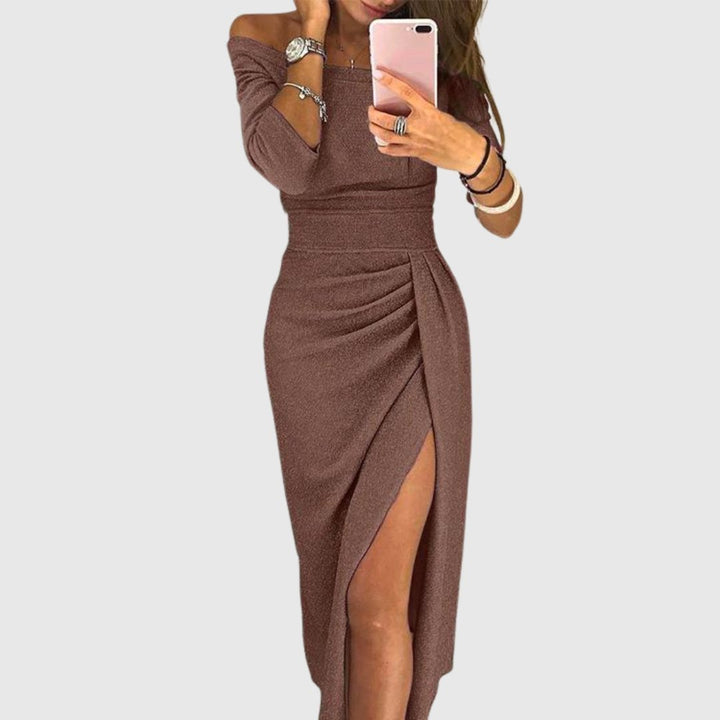 Dames Off-Shoulder Lange Mouw Geplooide Midi-jurk Zijsplit - Brown