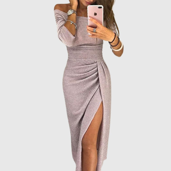 Dames Off-Shoulder Lange Mouw Geplooide Midi-jurk Zijsplit - Pink