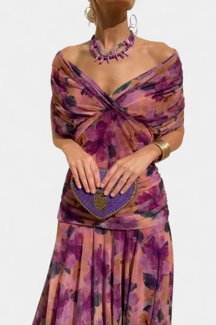 Dames Off-Shoulder Vloeiende Maxi Cocktail Party Jurk - Paars