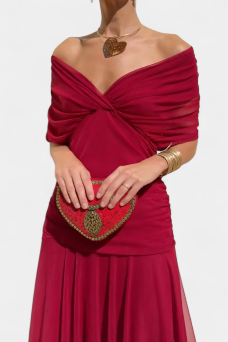 Dames Off-Shoulder Vloeiende Maxi Cocktail Party Jurk - Rood