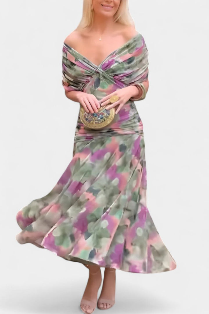 Dames Off-Shoulder Vloeiende Maxi Cocktail Party Jurk - Veelkleurig