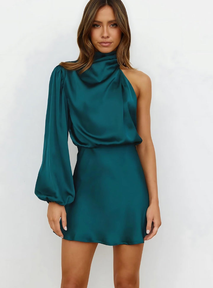 Dames One Shoulder Feestjurk Satijn Mini Ballonmouw - Donkerblauw