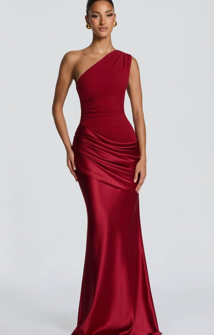 Dames One-Shoulder Gedrapeerde Satijnen Maxi Jurk - Donkerrood