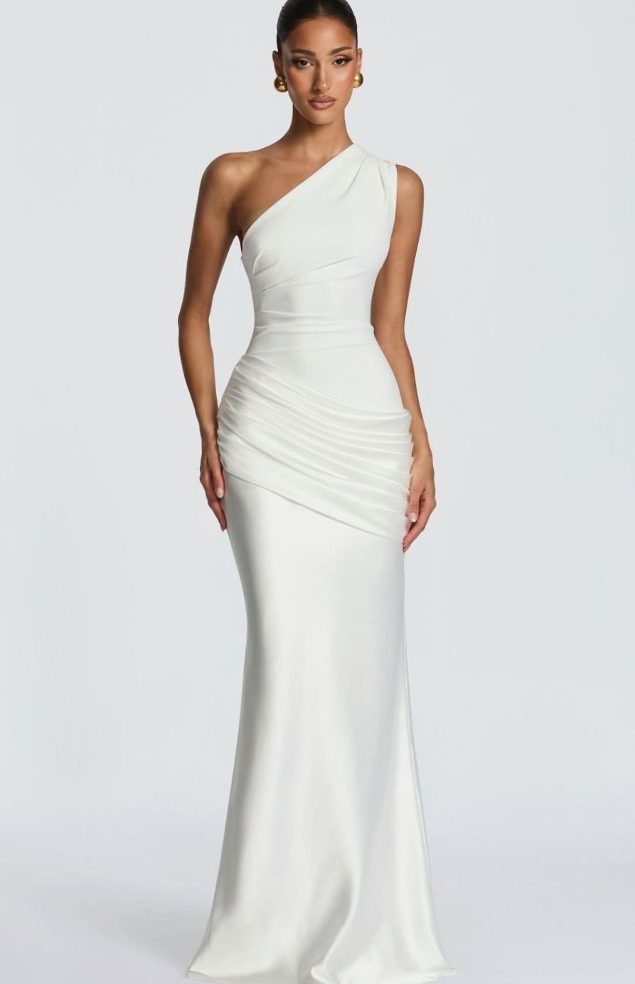 Dames One-Shoulder Gedrapeerde Satijnen Maxi Jurk - Wit