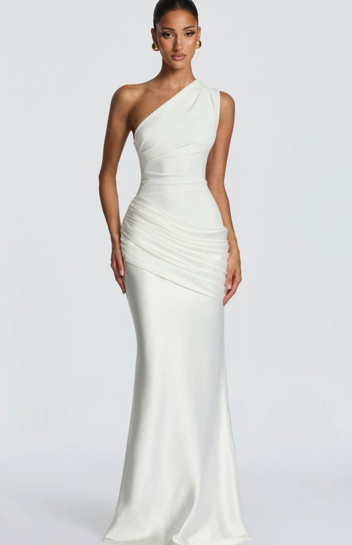 Dames One-Shoulder Gedrapeerde Satijnen Maxi Jurk - Wit