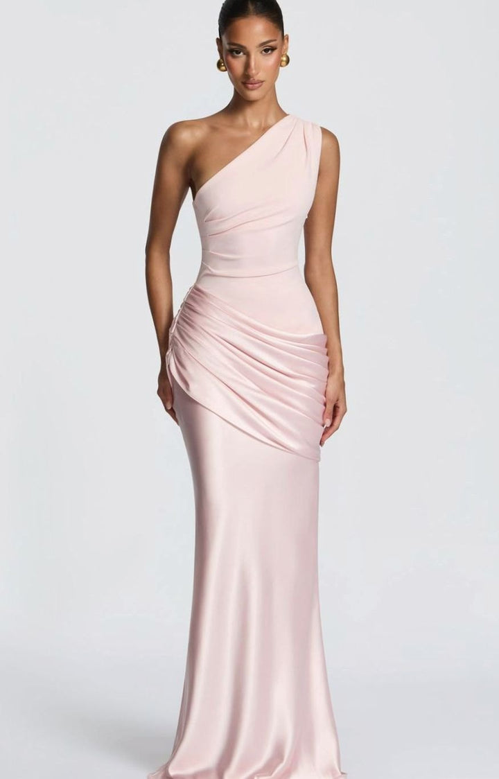 Dames One-Shoulder Gedrapeerde Satijnen Maxi Jurk - Lichtroze