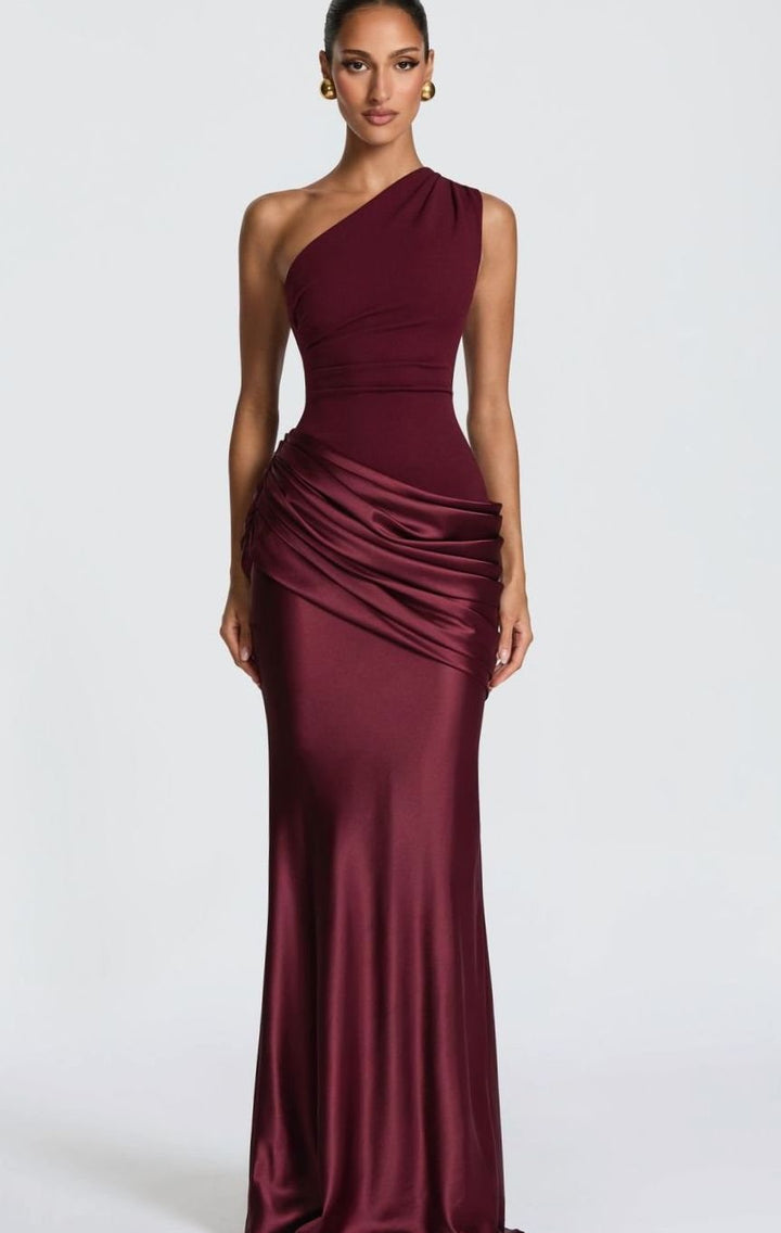 Dames One-Shoulder Gedrapeerde Satijnen Maxi Jurk - Bordeaux